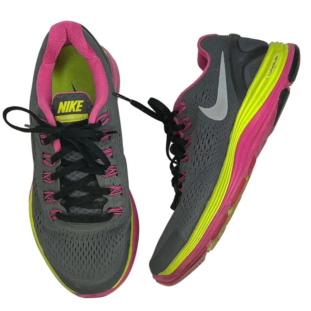 Nike Grey Pink LunarGlide 4 Running Shoes Girls 5Y 525371-001 Lunarlon Neon